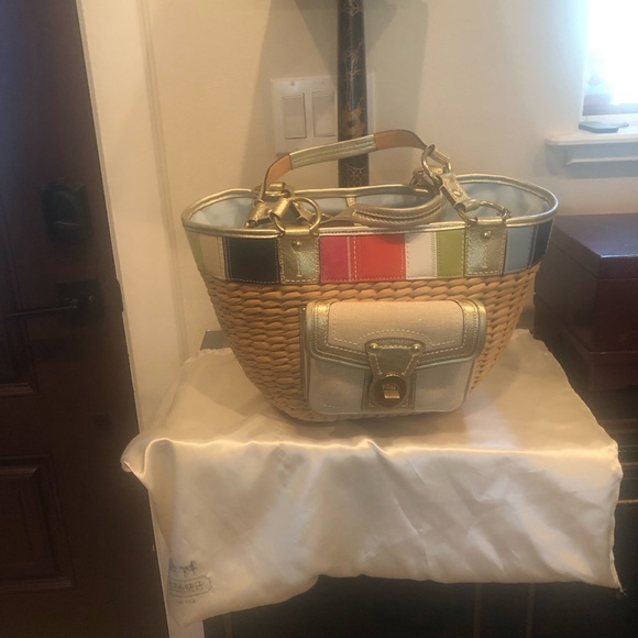 COACH LEATHER/STRAW SATCHEL BEACH TOTE NWOT VINTAGE! - Picture 7 of 15